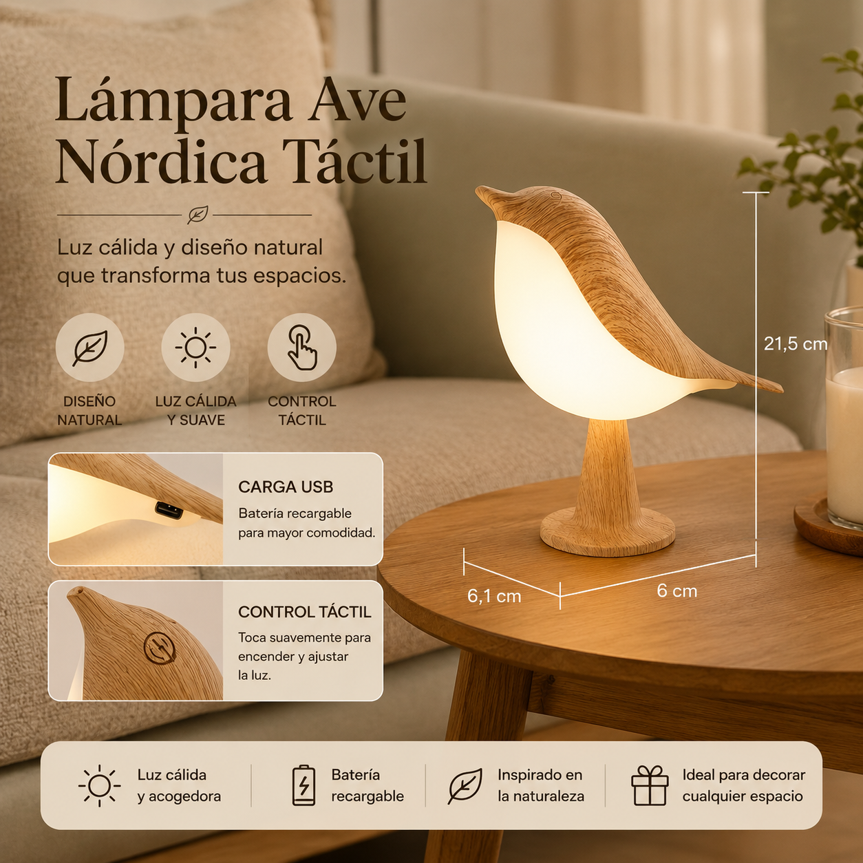 Lámpara Ave Nórdica Táctil